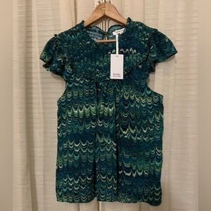 NWT Rose & Olive Green Flutter Sleeve Smocked Neckline Blouse Top - XL